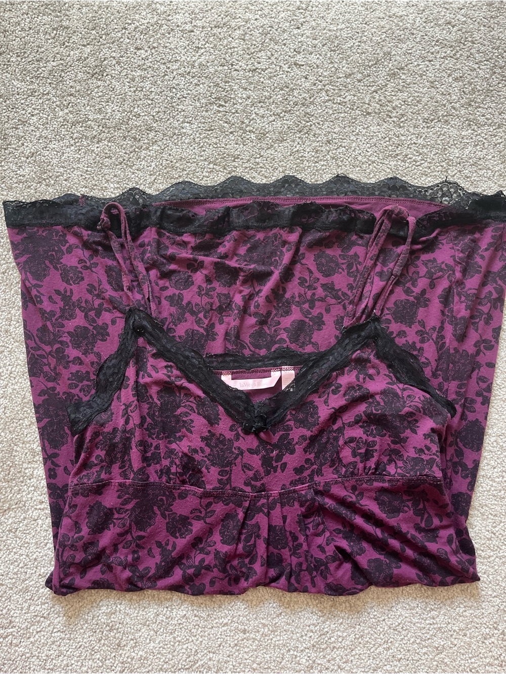 La Vie En Rose Plum Floral Slip with Black Lace Trim